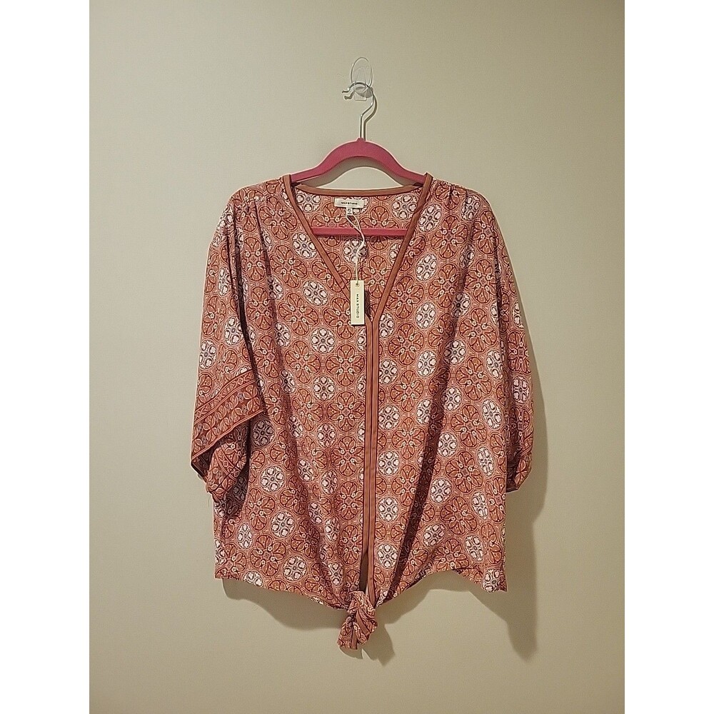 NWT Max Studio Shirt Plus Size 2X Crepe Elbow Sleeve BlouseOrange Geo Tie Front